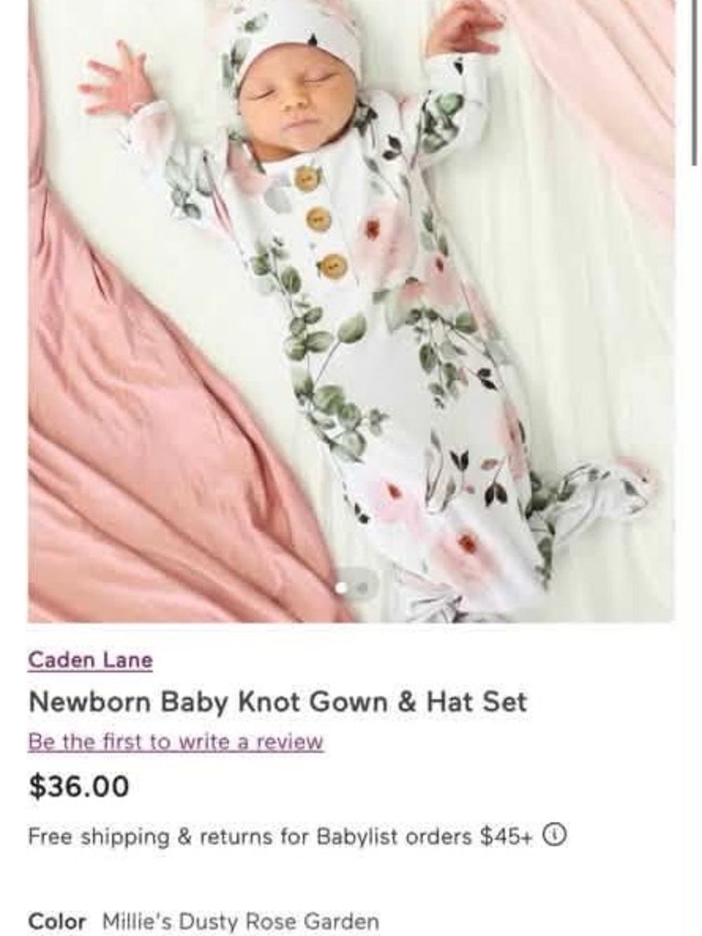 Caden Lane Floral Newborn Knot Gown & Hat - Dusty Rose and Green